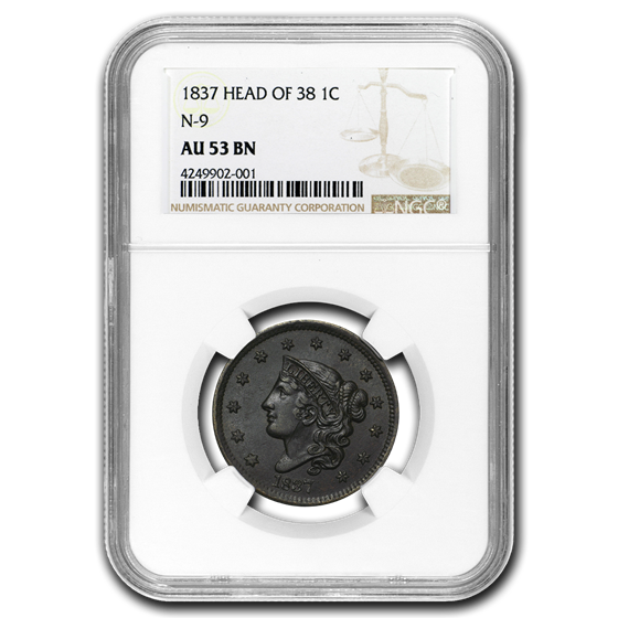 1837 Large Cent AU-53 NGC (Head of 1838, N-9) 1837 Large Cent AU-53 NGC (Head of 1838, N-9)